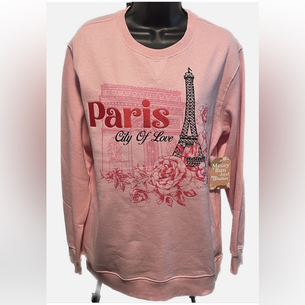 NWT Pink Sweatshirt Paris City of Love Pink Eiffel Tower With Roses size large